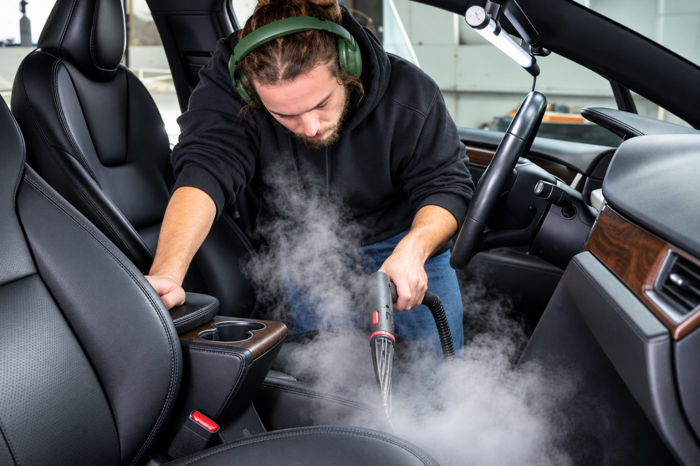 Technician steam cleaning a car interior to remove odors at the source